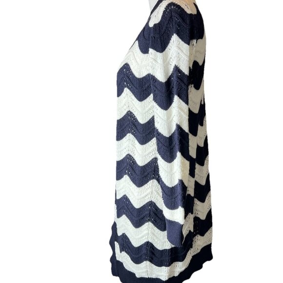 Cozy Crochet Open Long Cardigan Navy And White Women’s Medium Retro Boho - Picture 2 of 10